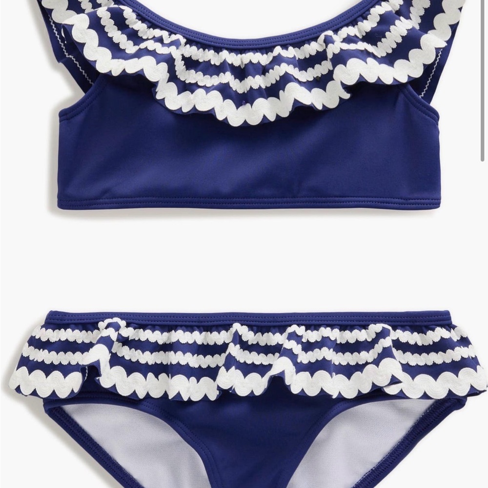 Mini Boden Navy and White Ruffle Girls Bikini 7-8 GUC